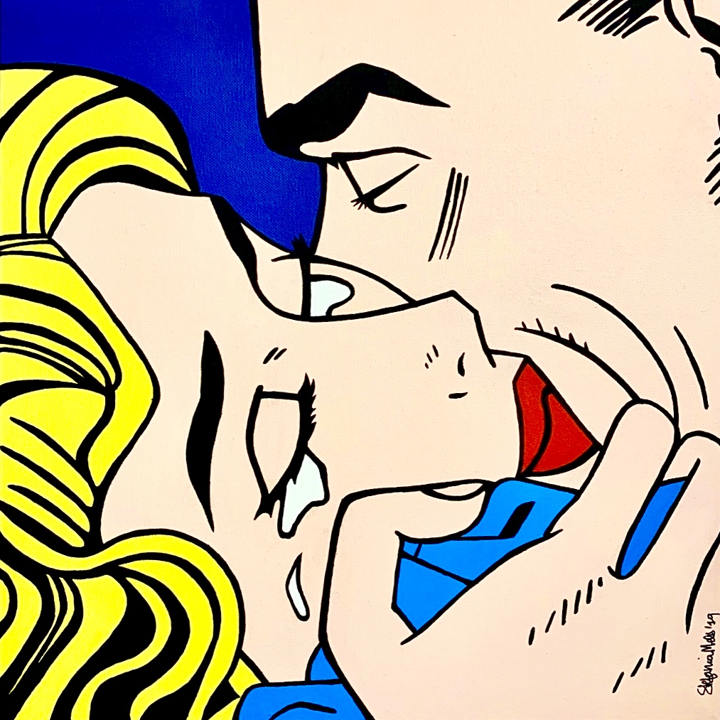 “Roy Linchtestein - il bacio 40x40cm acrilici su tela.